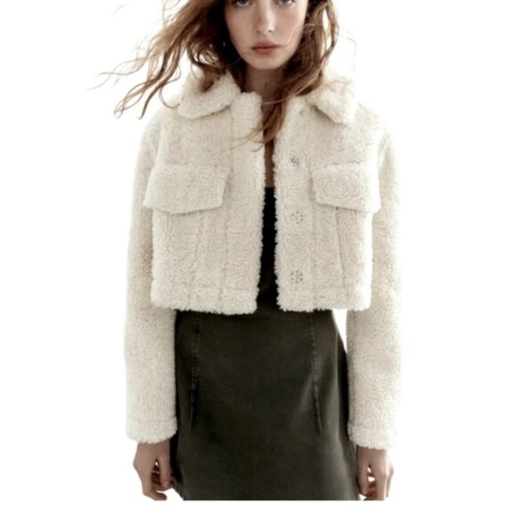 Zara Cream Sherpa Cropped Jacket XS - Picture 1 of 7